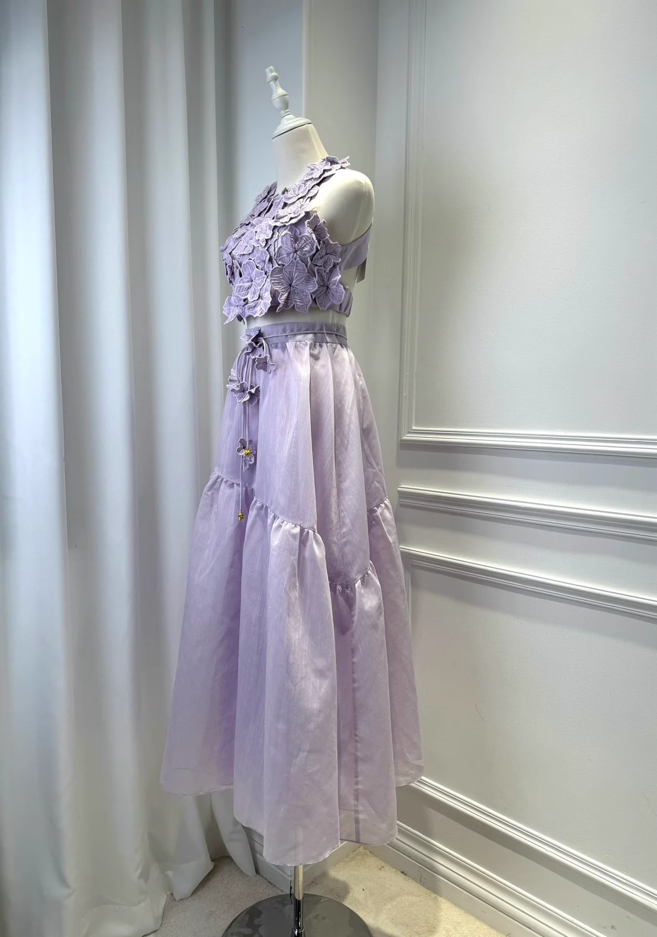 Damen-Rock-Set mit 3D-Blumen, O-Ausschnitt, ärmellos, rückenfrei, Weste oder hohe Taille, A-Linie, langer Jupe-eleganter Damenanzug