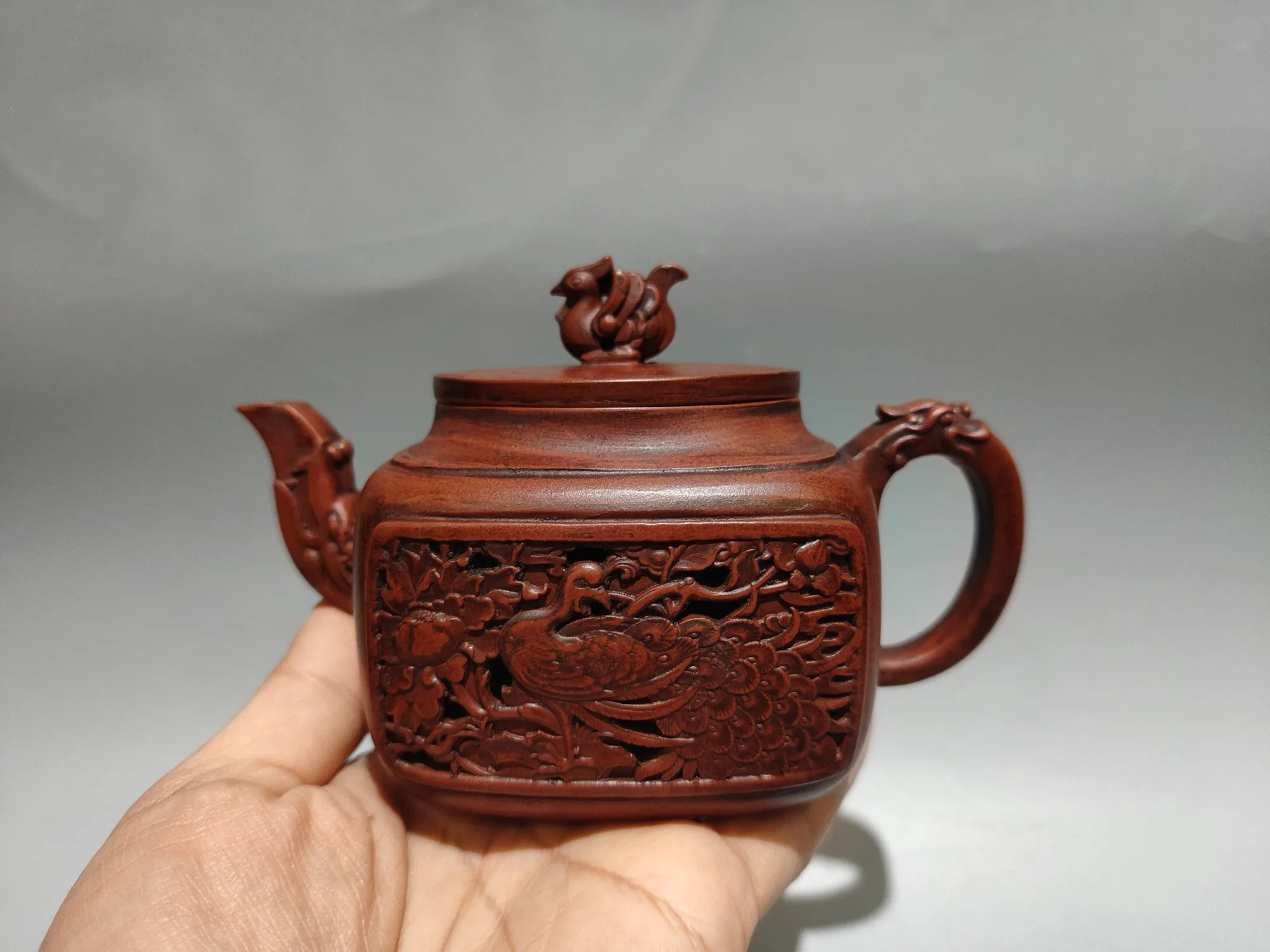 Yixing Purple Clay Teapot Raw ore red mud Four sided hollow out Phoenix pattern Dragon Mouth Pot Kettle Teapot Ornaments