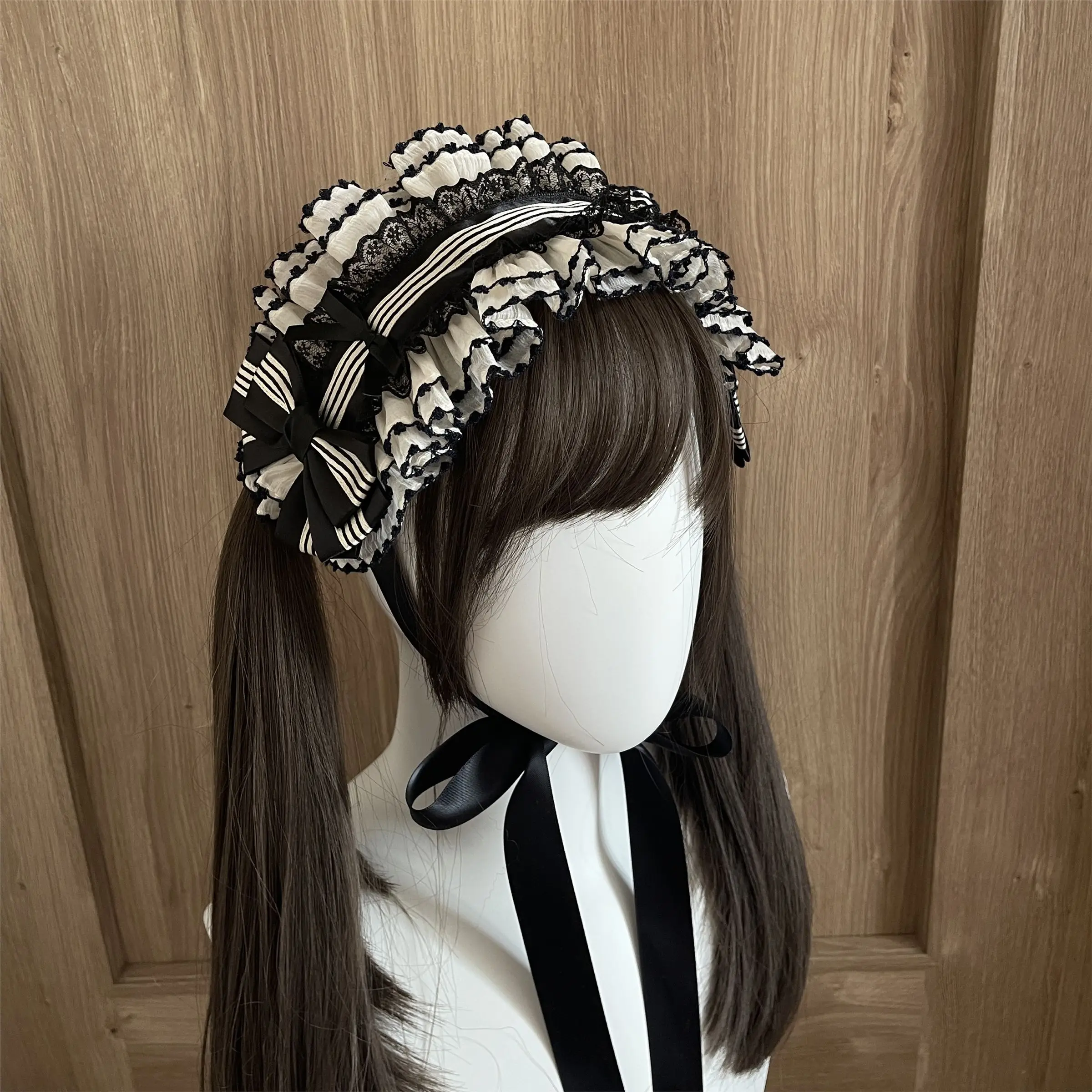 Original Lolita Black Beige Elegant striped Lace Bow Hand-made Hairband Sweet Lolita Accessories