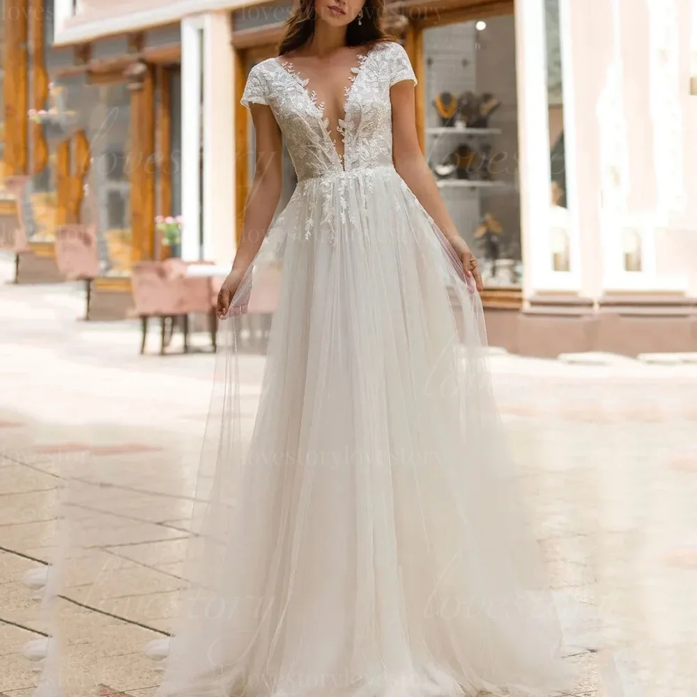 ชุดแต่งงานผ้าทูลล์ปักลายแบบสั่งทำพิเศษ ทรงเอ คอวี แขนสั้น สไตล์โบฮีเมียน เปิดหลัง ชุดเจ้าสาว vestido de novia