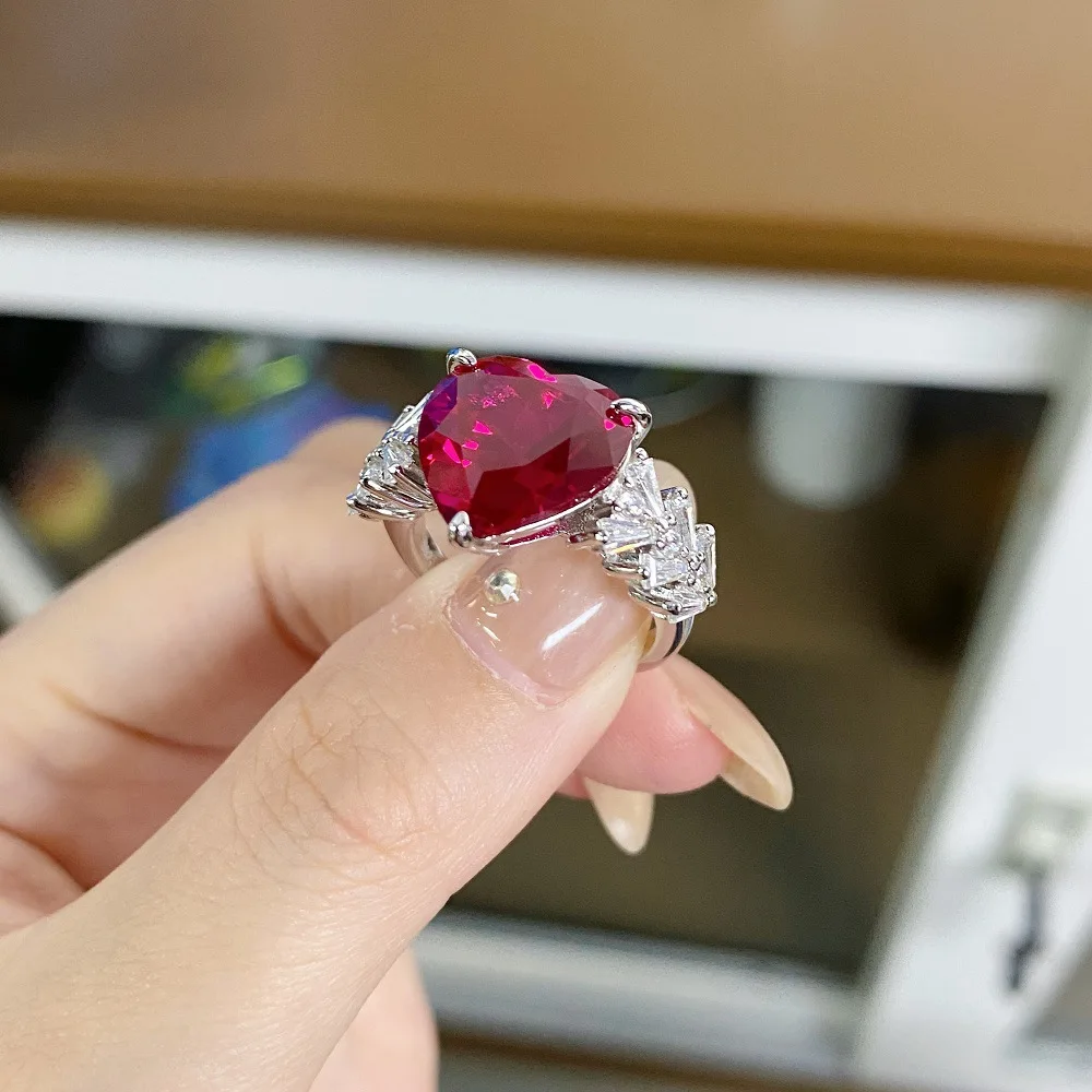 S925 Sterling Silver Color-Changing Fluorescent Love Ring Women's Red Corundum Ring Diamond Ring Wedding Ring