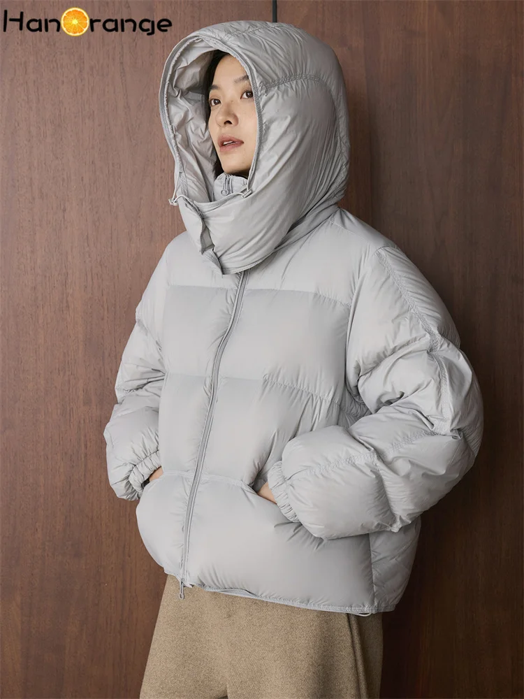 HanOrange 2026 Winter Fashion Short Hooded White Duck Down Parkas Women Drawstring Warm Jacket Black/Light Gray/Pink/Blue/Coffee