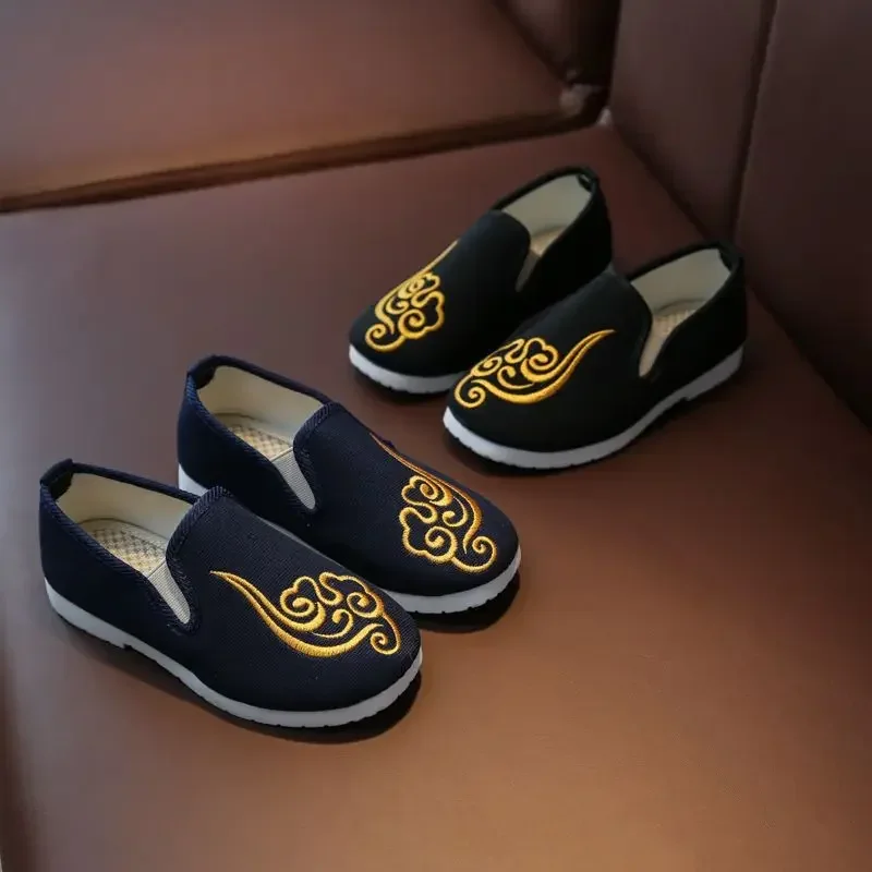 Children's Hanfu Handmade Shoes Chinese Traditional Black Embroidered Shoes Boys Vintage Soft Bottom Old Beijing Cloth Shoes