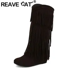 REAVE CAT Women Mid Calf Boots Round Toe Increased Heel Fringe Flock Suede 46 47 48 Slip On Fashion Dating Bota