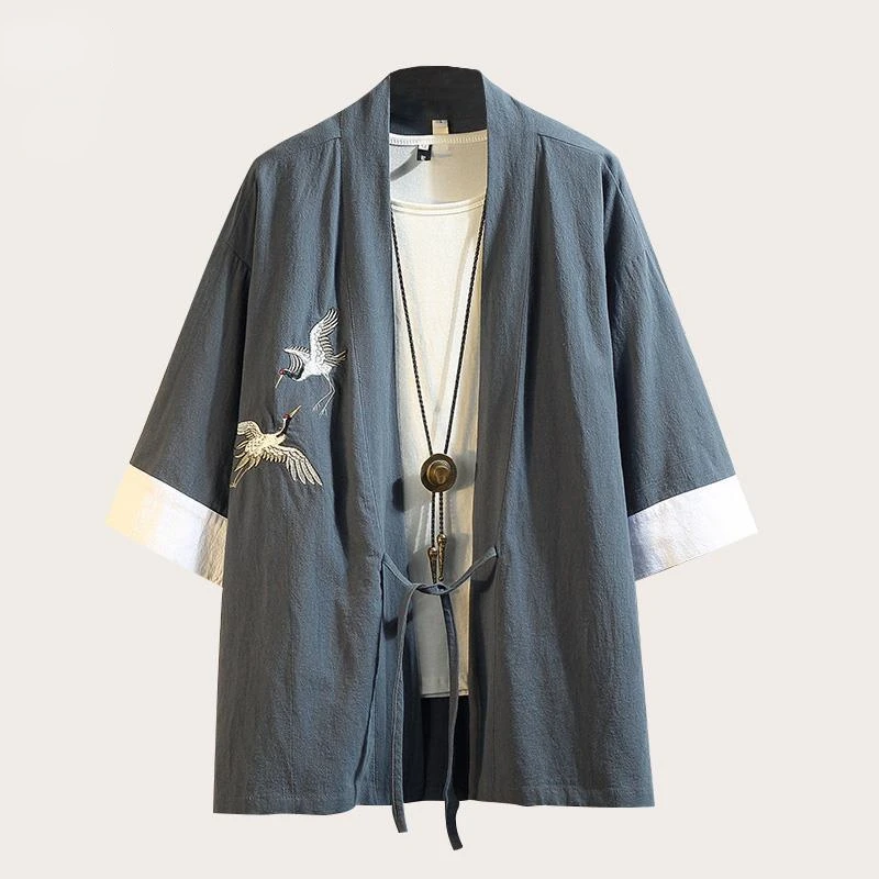 

Ancient Chinese Style Crane and Dragon Pattern Embroidered Linen Jacket Hanfu Men's Ancient Clothing Loose Cotton and Linen