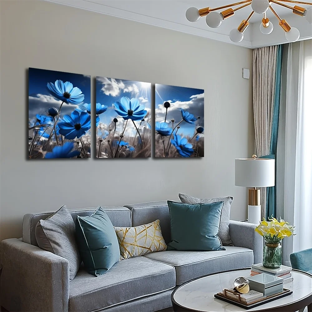 3pcs Abstract Blue Watercolor Flower Canvas Art Prints, Frameless Decorative Paintings for Living Room and Office, 12x16 Inch