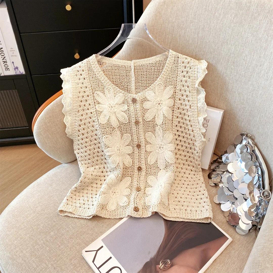 Doux jeune été Hong Kong Sle tricoté évider fleur Svel rond Ne gilet débardeur femmes ort Nylon mélange