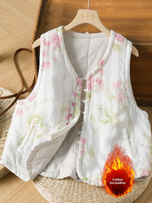 Thiened – gilet en coton imprimé artistique rétro pour femmes, grande taille, chaud, Svel Jaet avec ket incliné, tenue décontracté