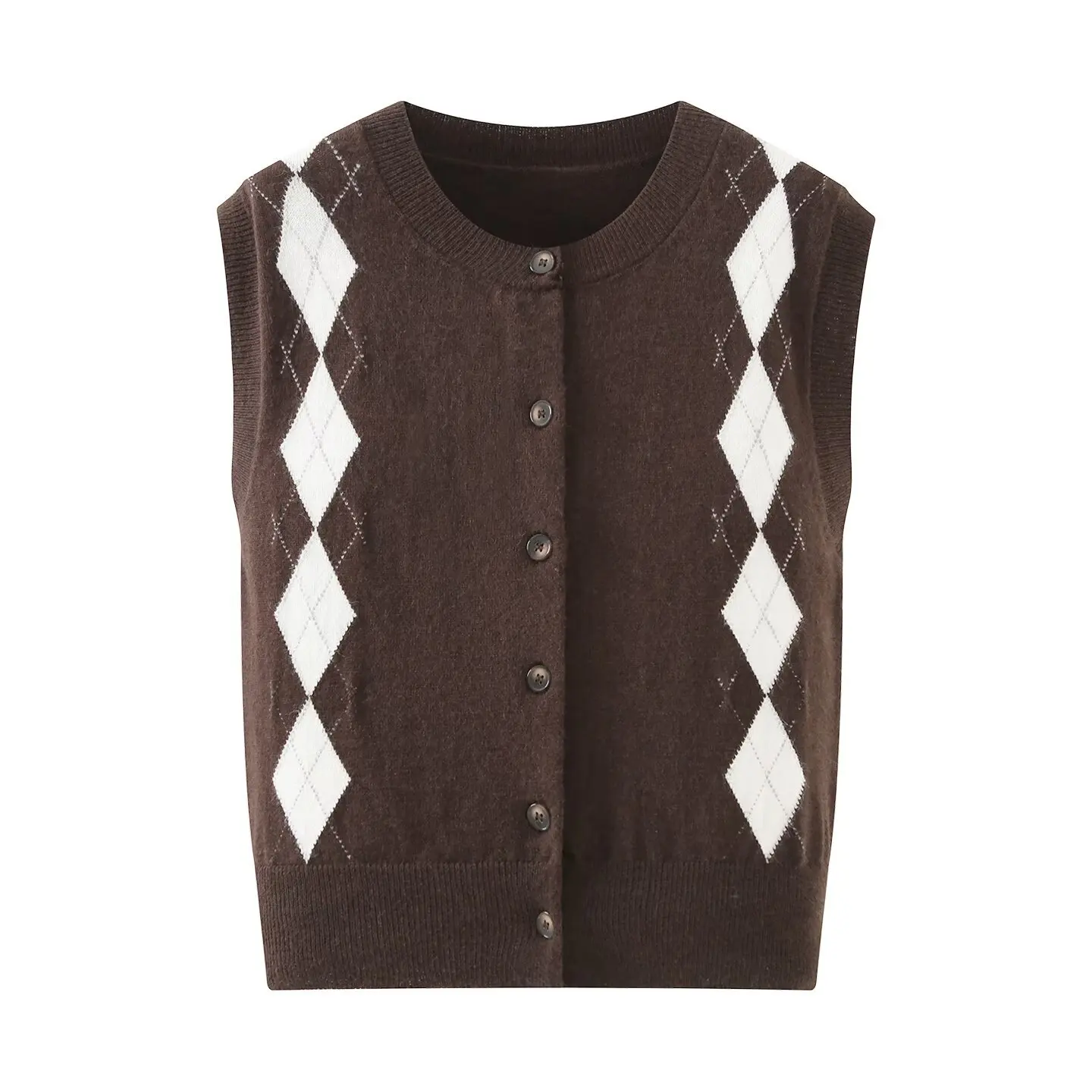

Spring Autumn New Fashion Diamond Grid Women Casual Knitted Vest Simple Round Neck Female Sweater Tank Top