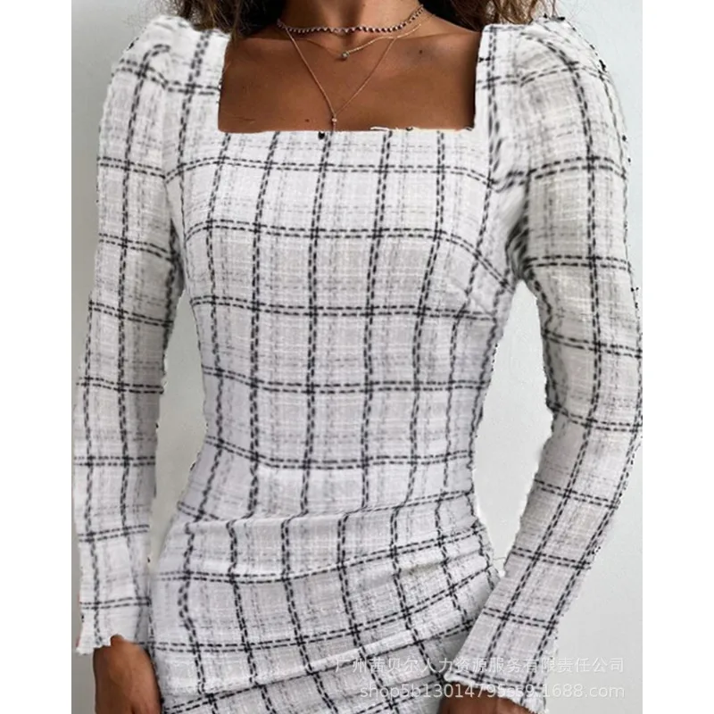 

Plaid Mini Dress Long Sleeve Raw Hem Ruched Y2K Women Sheath Dress Square Collar High Waist Clothing Sexy Midi Dress