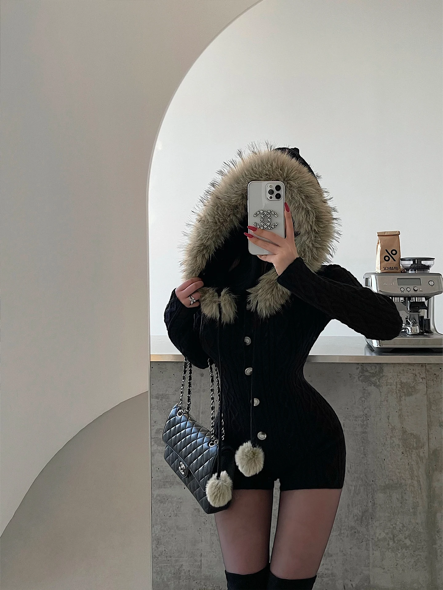 Sexy Knitted Onesie with Fur Collar Drawstring Hood Long Sleeve High Waist Shorts Young Girl Day Pure Desire Spicy Girl