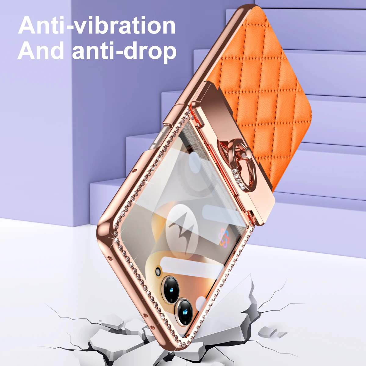New Diamond Rhombus Leather Shell Film Integrated Case for Motorola Razr 70 60 50 Ultra Ring Holder Stand Shockproof Cover