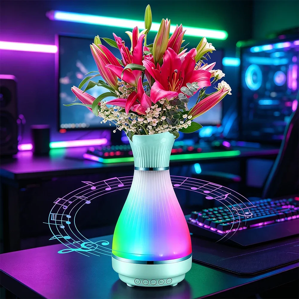 Multi Functional Flower Vase Bluetooth Speaker with RGB Mood Light & White Noise, Water Safe Design 8 Hours Playback, Home Decor