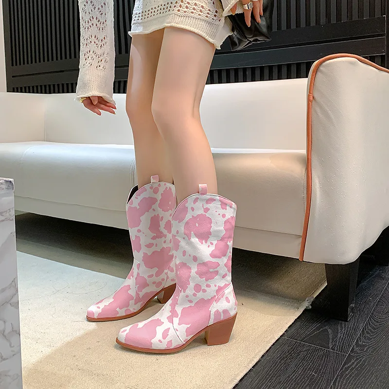 Western-Cowgirl-Stiefel mit Kuhmuster für Damen, Retro-Spitze, Blockabsatz, Halbhohe Stiefel für Party, Konzert, Alltag und Freizeitkleidung – Detail 14