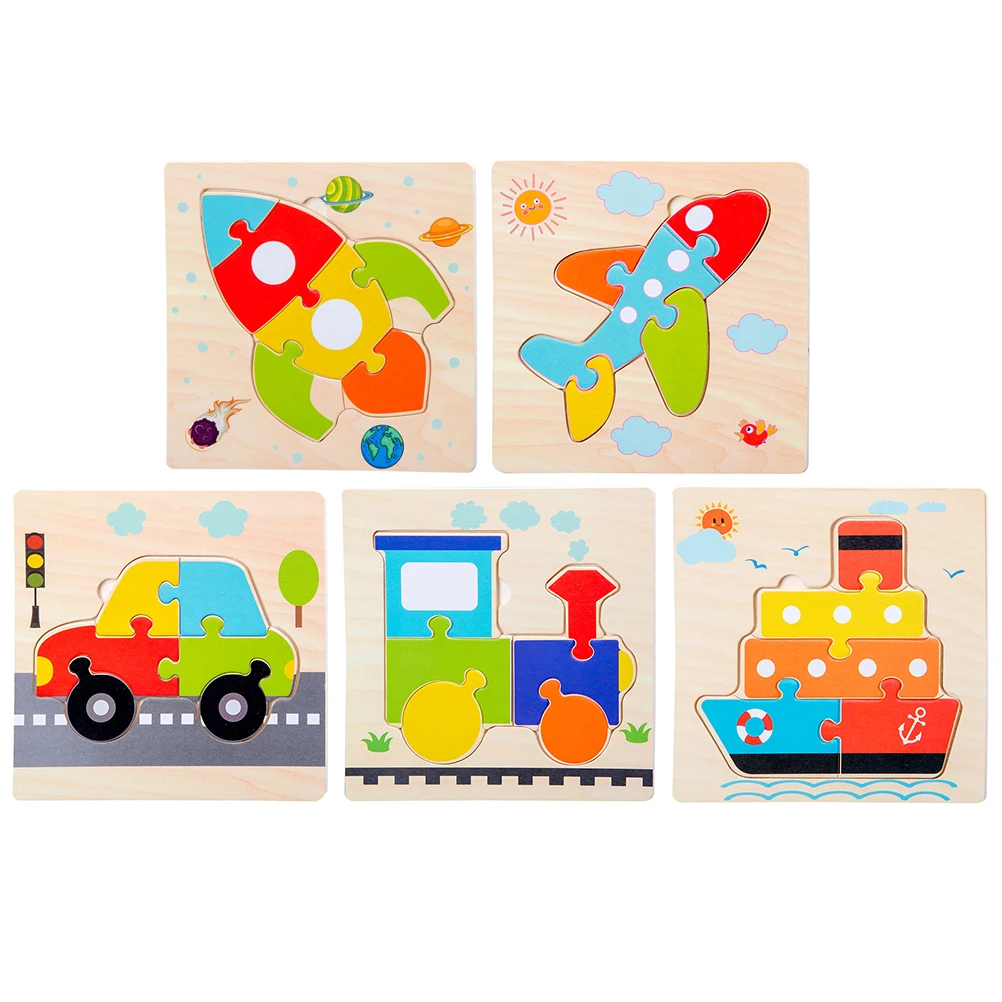 

5pcs Wooden Cartoon Car Plane Children Educational Puzzle Gift Kids Aircraft Rocket Locomotive Ship Three-Dimensional
