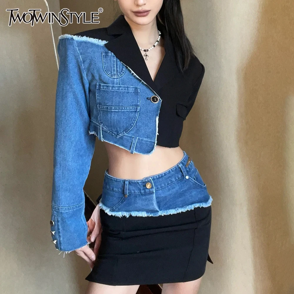 

TWOTWINSTYLE Patchwork Denim Two Piece Set For Women Notched Collar Long Sleeve Top High Waist Mini Skirt Chic Slim Sets Female