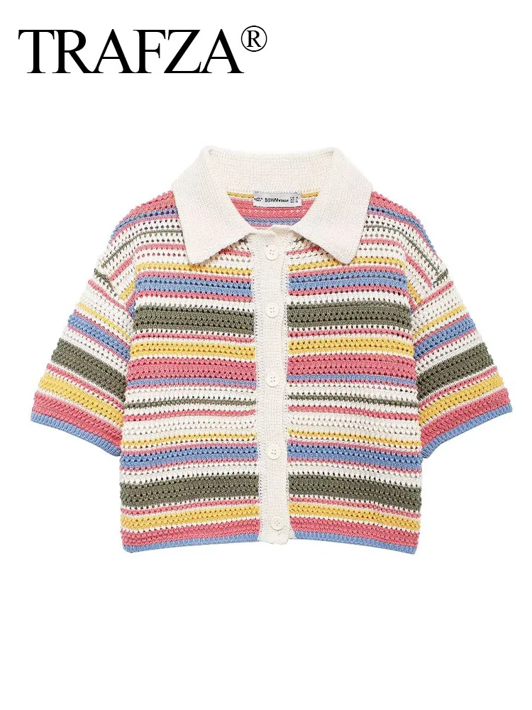 TRAFZA 2024 Female Multicolor Stripe Cardigan Short Sleeve Lapel Slim Single Breasted Short Sweater Tops Casual Woman Summer Top