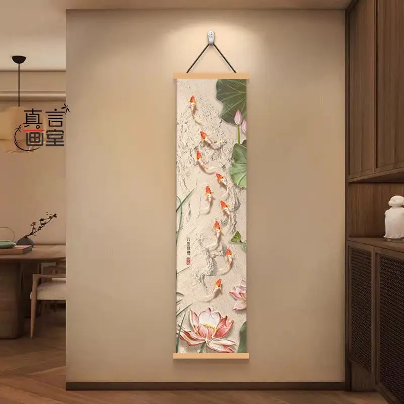 Japanese Lotus & Nine Fish Tapestry Wall Hanging, Deluxe Vertical Narrow Scroll for Corridor Tea Room Modern Zen House Decor