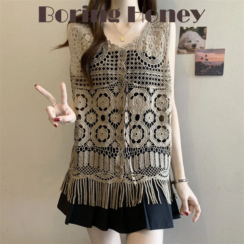 

Boring Honey Fashion New Black Hollow Out Tassel Vest Female Summer Size Slim All-Match Sleeveless Tops Lace Thin Vest Top Women