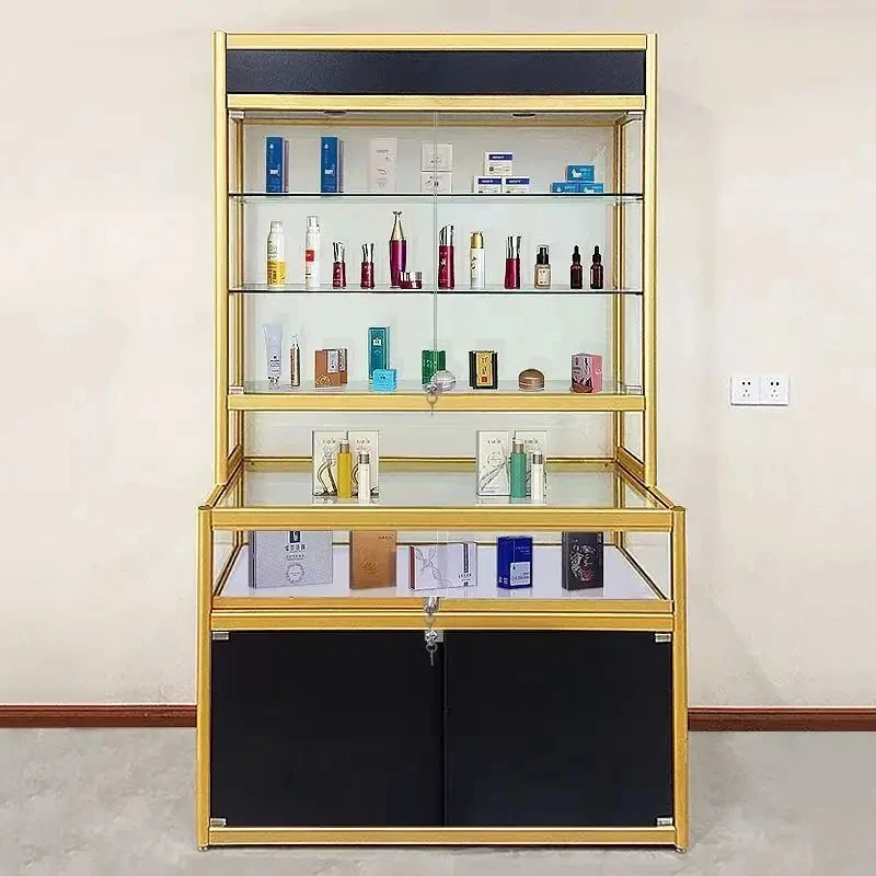custom.Boutique L-shaped High-End Aluminum Temper Glass Sliding Door Lockable Fashional Slot Plate Display Cabinet Slat Wall Dis