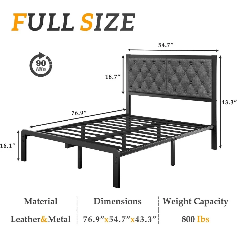 Bed Frame with Upholstered Button Tufted Headboard, Bed Frame Platform Metal Slats Support, Under Bed Storage, No Box Spring Ne