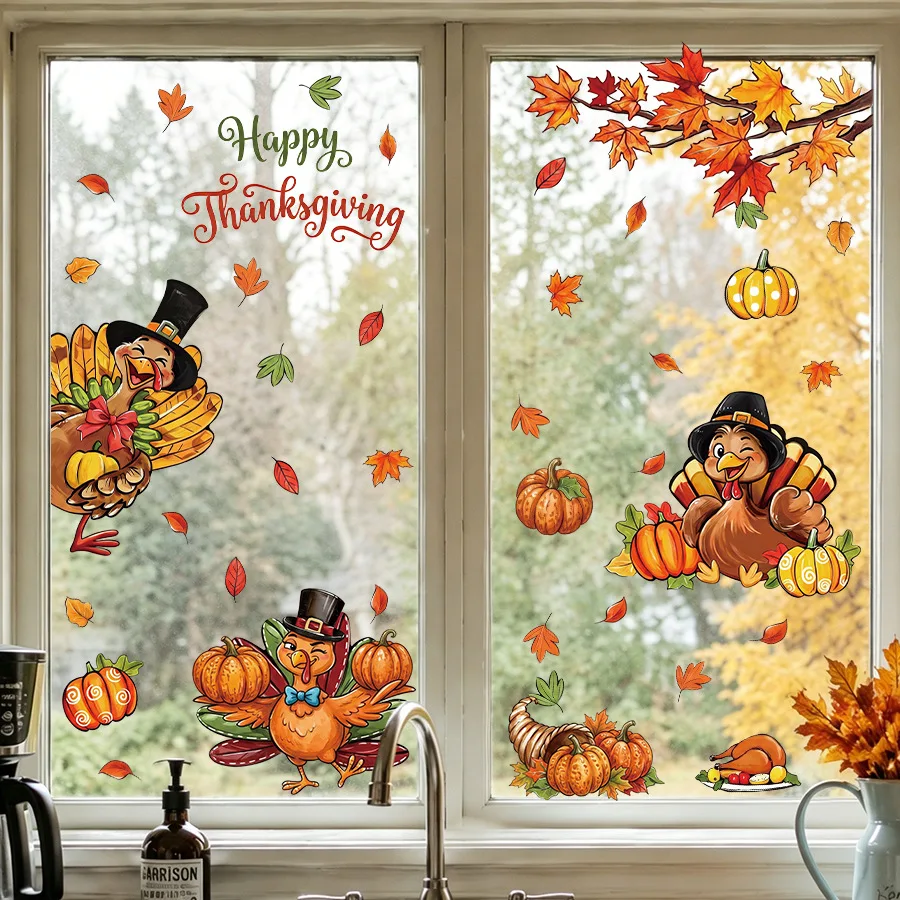 Thanksgiving Cartoon Turkey Double‑Sided Static Window Clings, Cute Pilgrim Hat Turkey Autumn Fall Decor Decals