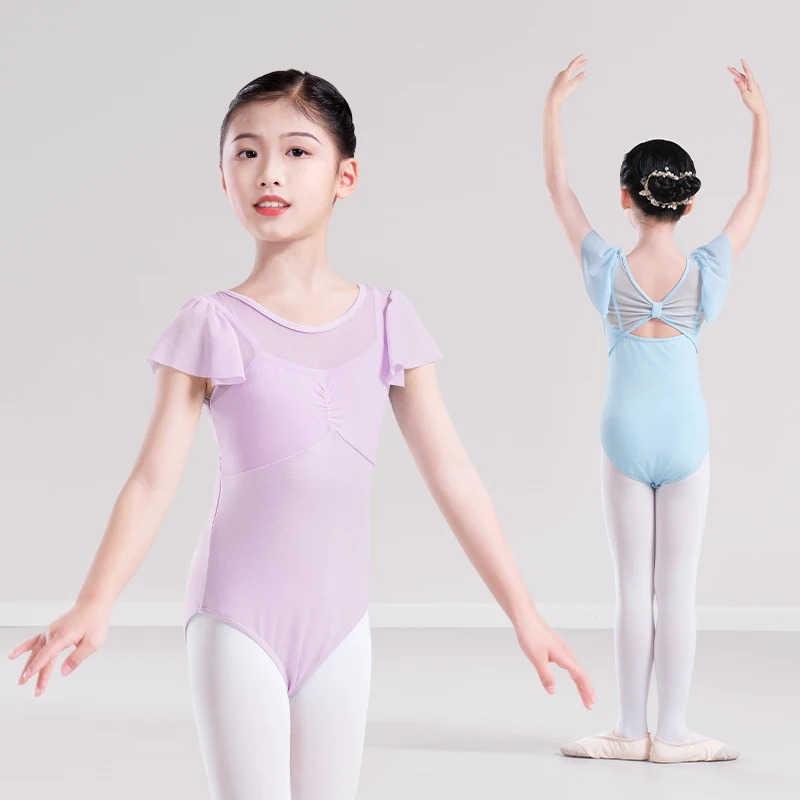Girls Ballet Dress Short Sleeve Ballet Leotard Gymnastics Leotards Ruffles Smocked Training Leotard Two-Pieces Dancing Bodysuit