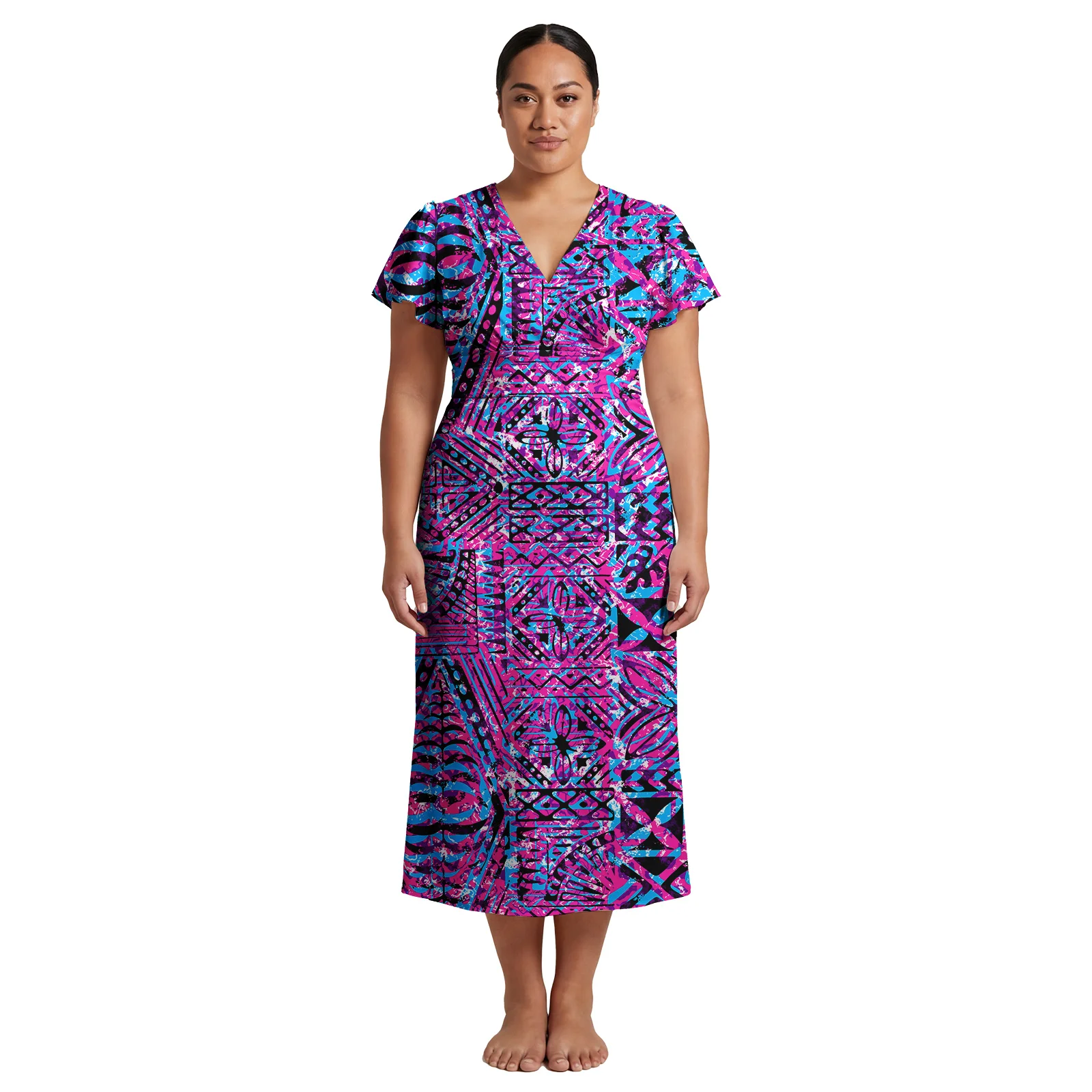 

HD/Sublimation Print Custom Women Clothes Hawaiian Island Lady V-neck Skirts Polynesian Tribal Ladies Wear Trendy Samoan Dresses