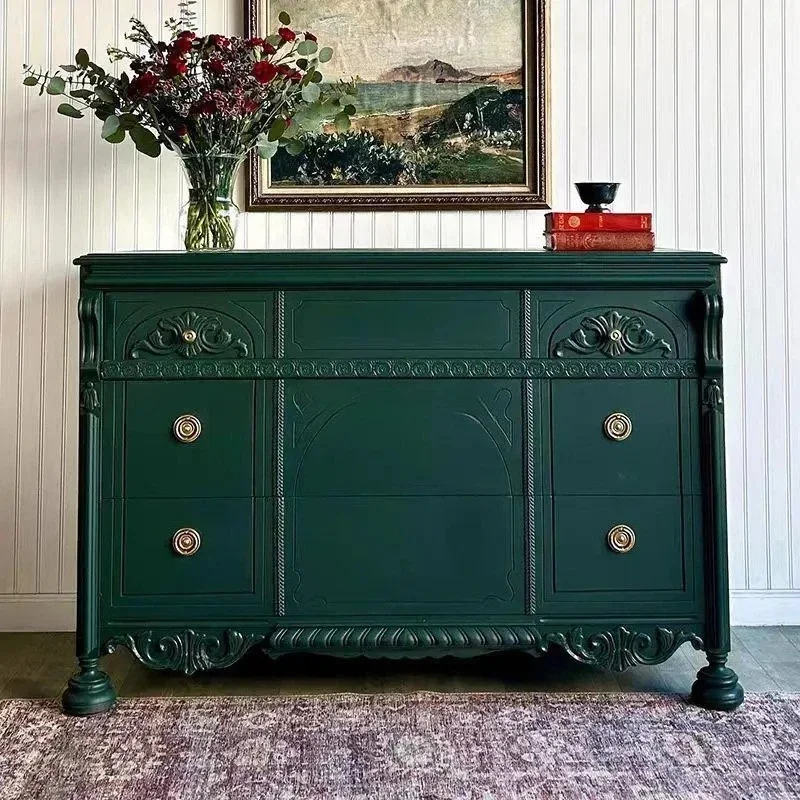 

FFretro green solid wood carving flower entrance cabinet light luxury dining side cabinet