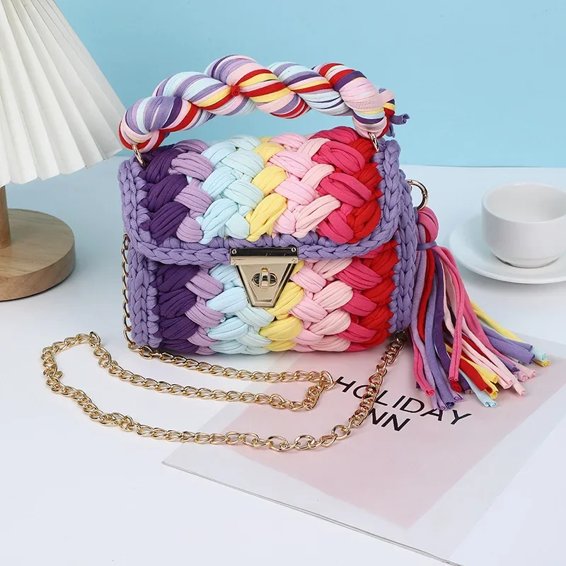 Finished Hand-Woven Cloth Bag Women's Cross-Body Bag Chain Bag2024Hot Sale Women's Tote Macaron Color Shoulder Bag Clutch
