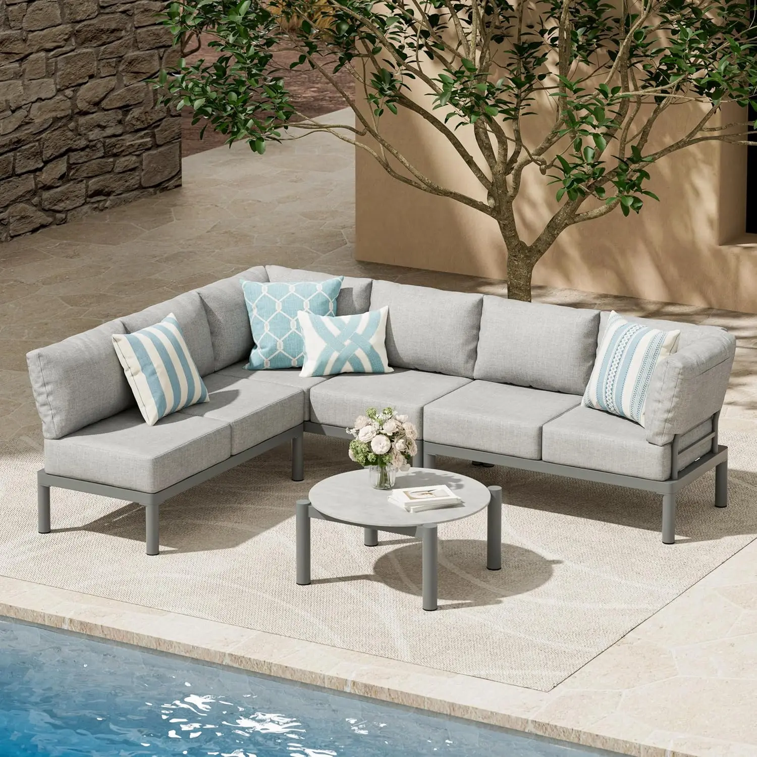 Patio Furniture Set for 6 seat, Aluminum Outdoor Sectional Sofas with 7 Inch Olefin Cushion and Glass Coffee Table, Modern Outdo