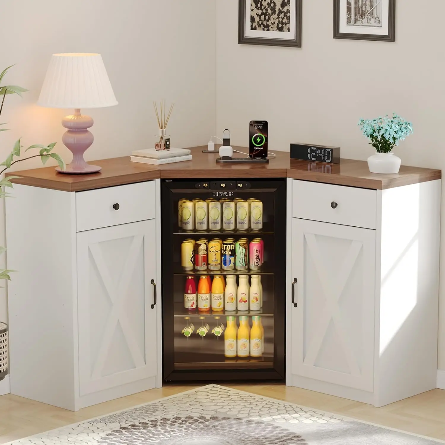 Corner Bar Cabinet with Fridge Space, L-Shaped Liquor Wine Storage for Home Dining & Living Room, Customized