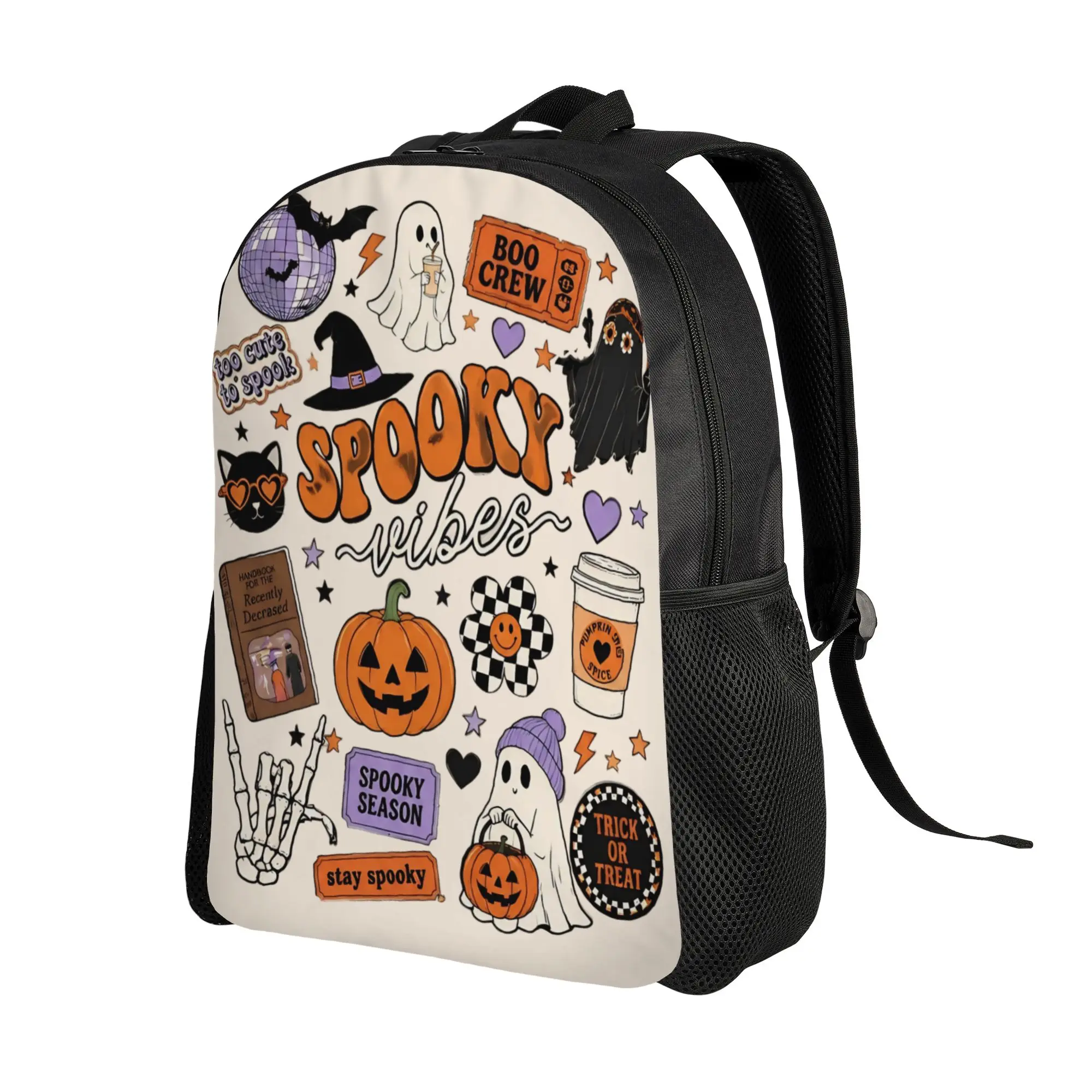 Spooky Vibes Halloween Ghost Pumpkin Backpack Student Hiking Travel Daypack for Men Women Laptop Computer Canvas Bags