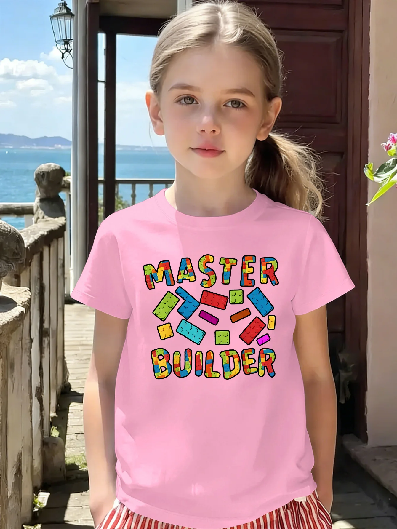 Block Letter Master Builder Print Kids T Shirt Boys Girls Cotton Short Sleeve Parent Child Matching Summer Casual Basic Tee