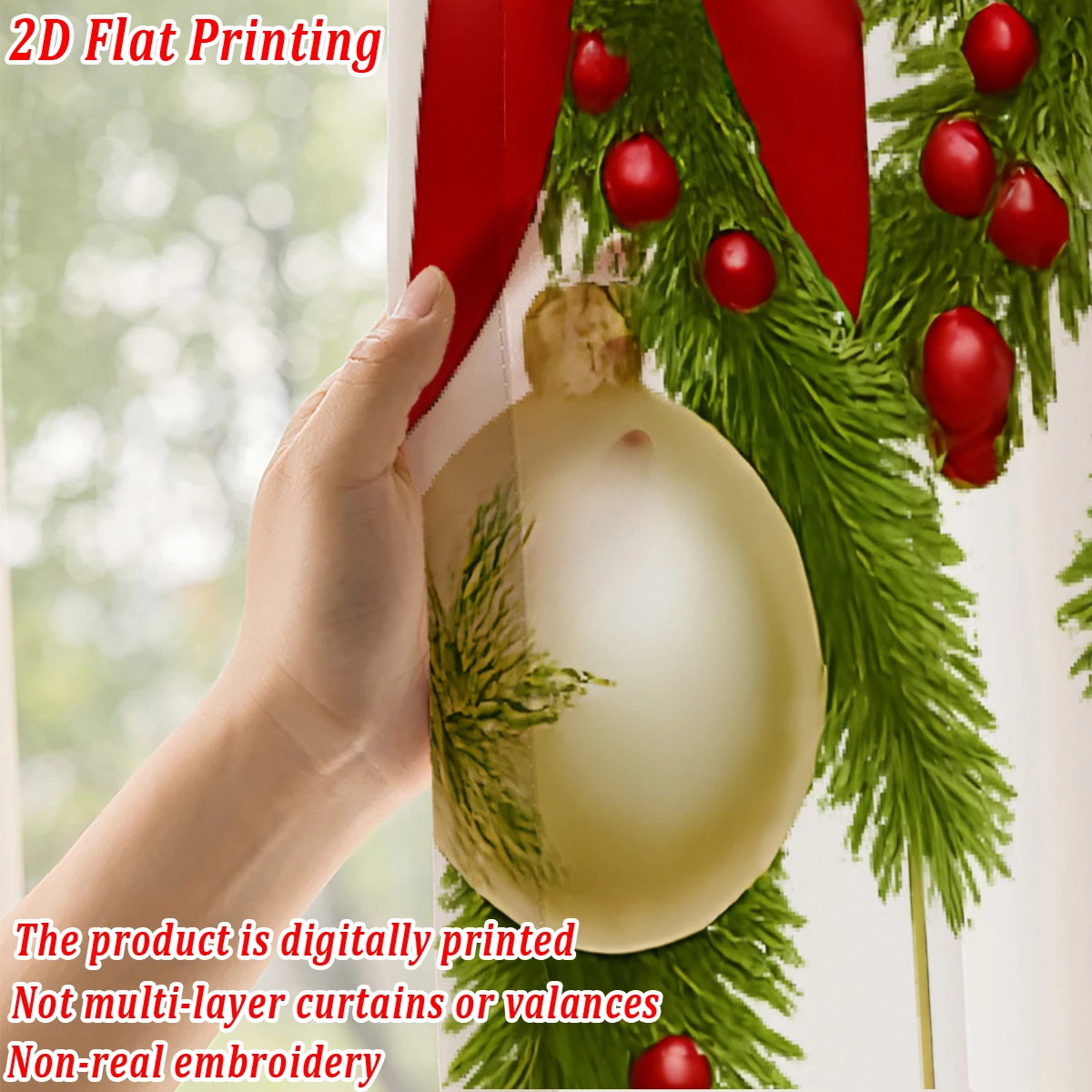 ستارة شفافة مطبوعة مسطحة لعيد الميلاد مع كرة عيد الميلاد وقوس ندفة الثلج وفرع الصنوبر وديكور غرفة المعيشة وحفلات العطلات