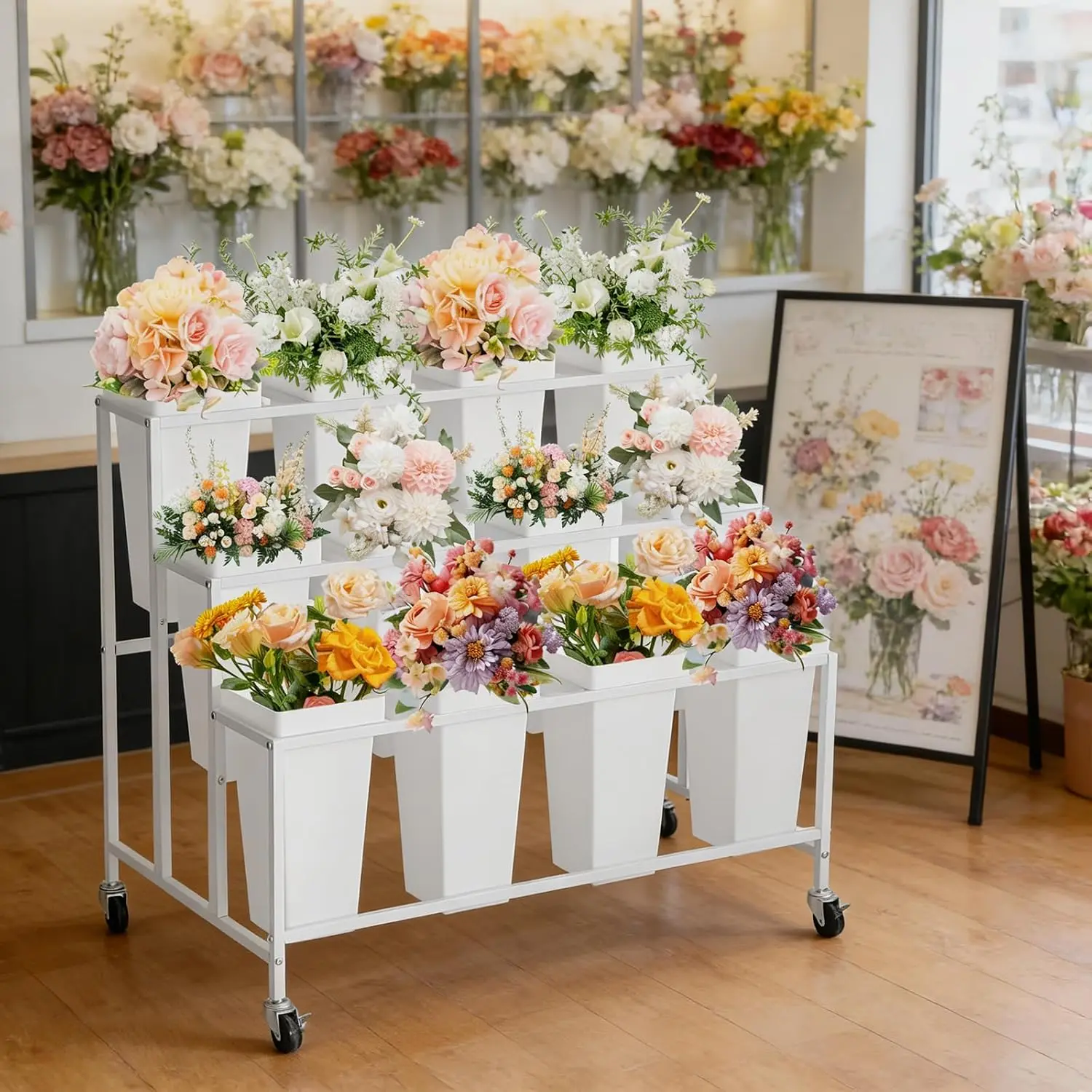 Heavy Duty 3-Tier Metal Rolling Flower Stand with 12 Removable Buckets & Lockable Wheels - Mobile Floral Rack for Wedding, Event, Indoor & Outdoor Garden - White