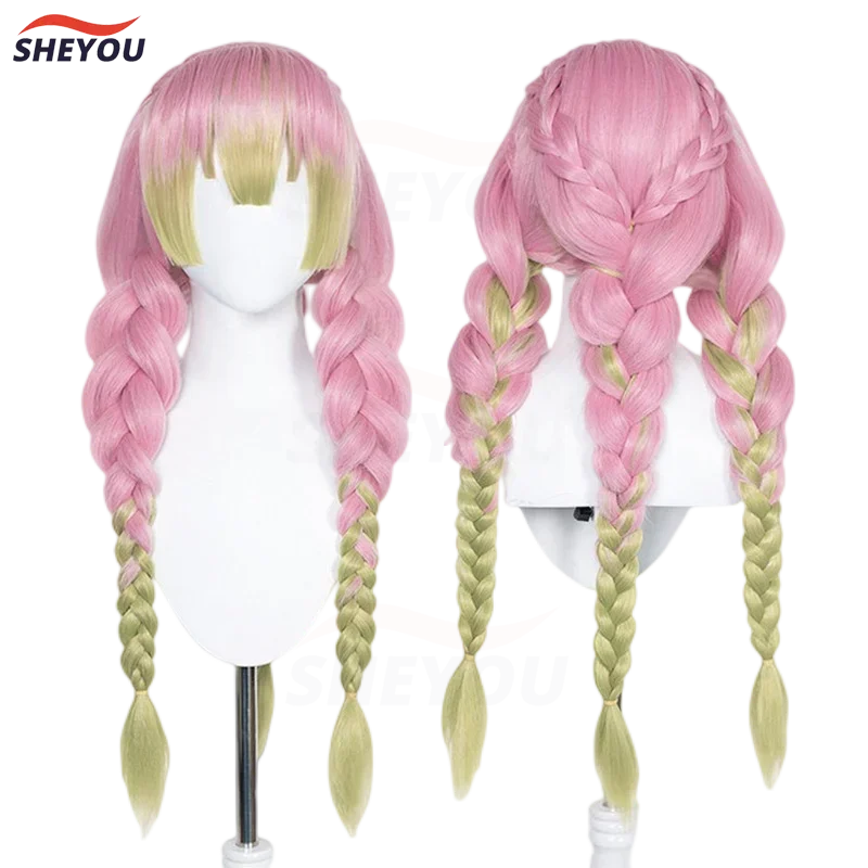 Anime mituri kanroji cosplay wig long pink green braid heat resistant hair authentic cosplay wigs wig cap