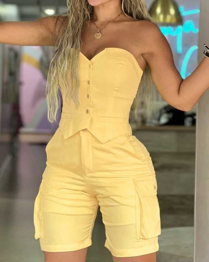Women's Summer Strapless Button Short Strapless Bandeau Ribbed Top and Zippered Solid Color Pocket Design Shorts Set