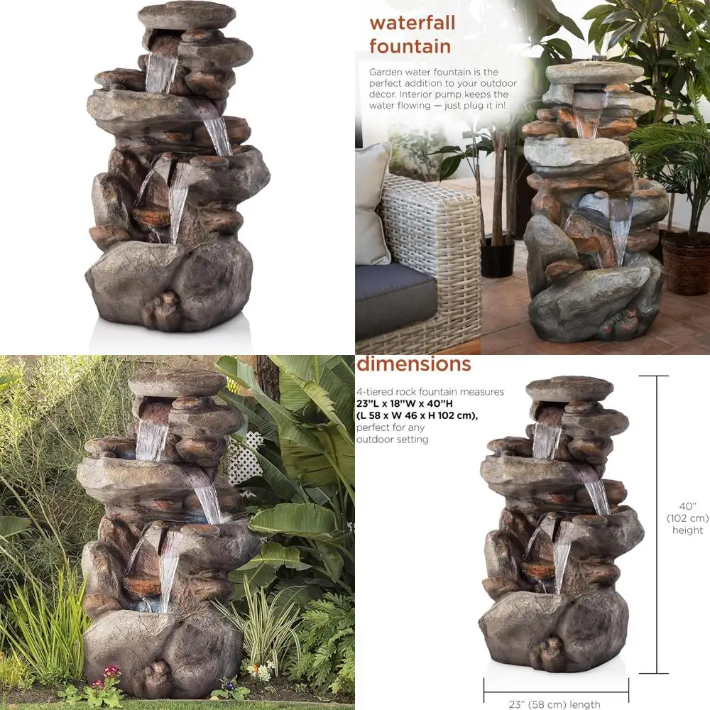 

40-дюймовый 4-х уровневый напольный фонтан Alpine Corporation с каскадной водой и белой светодиодной подсветкой — серия для наружной воды