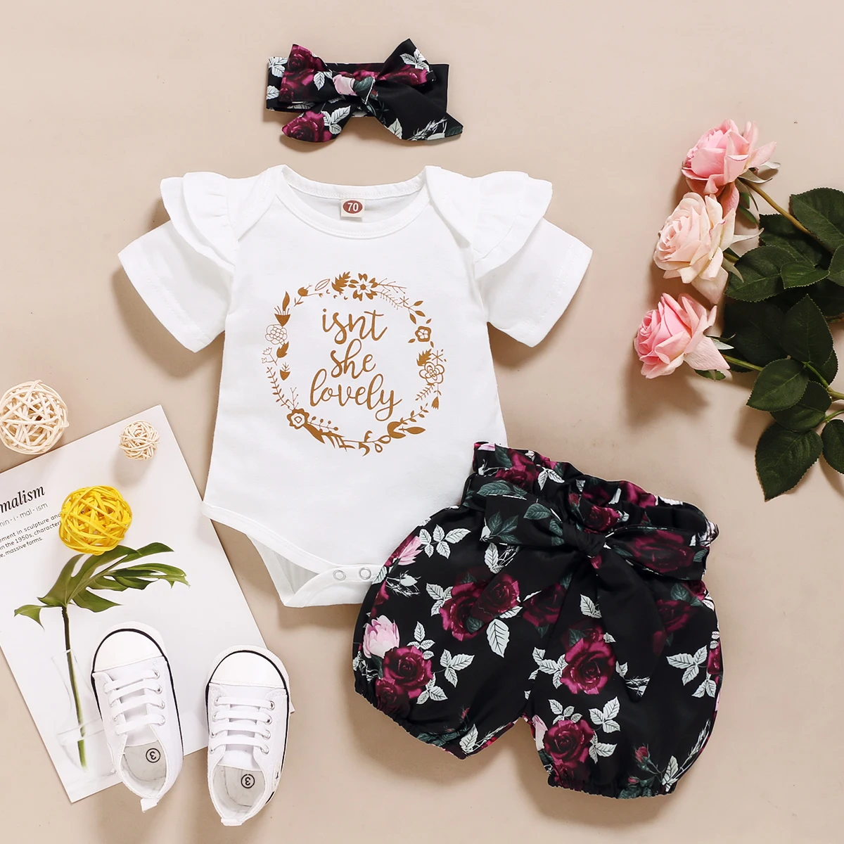 Newborn Baby Girls Summer Clothes Set Short Sleeve Romper+Floral Shorts with Bowknot Headband 3Pcs Outfits Set for 0-18 Months