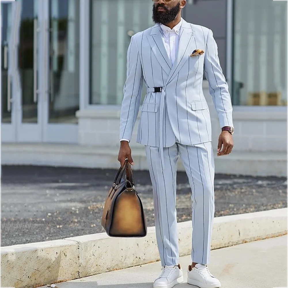 

Customized Striped Suit Fashion Peak Lapel Slim Fit Two Piece Jacket Pants High Quality Business Office Casual Man Suit Set