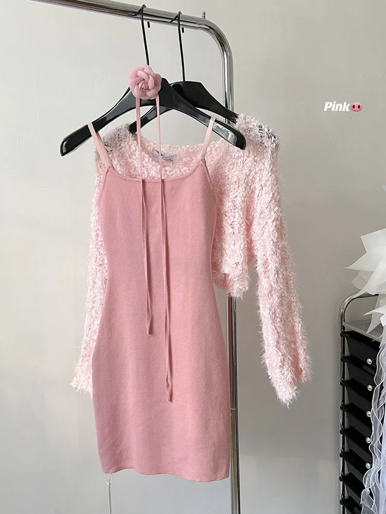 Korean Fashion Outfits 2 Piece Set Sweet Spaghetti Strap Dress Luxury + Flare Sleeve Pullover 90s Gyaru Banquet Formal Occasion