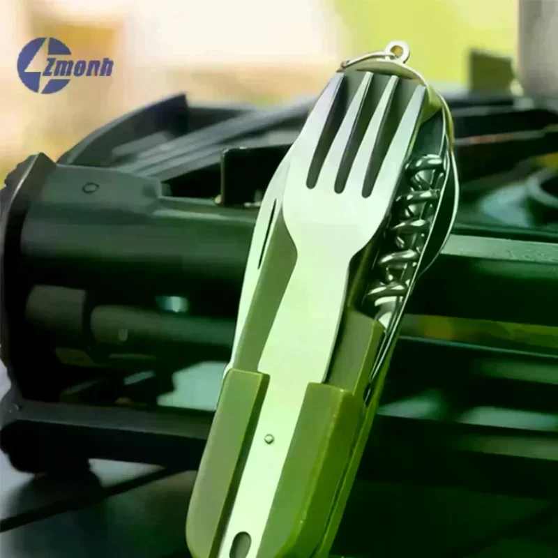 Stainless Steel 7 In 1 Camping Cutlery Set - Foldable Multifunctional Outdoor Tableware With Fork Spoon Knife For Picnic Hiking