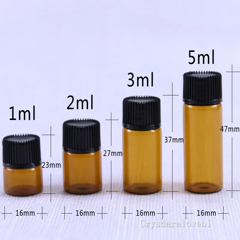 100pcs 1ml 2ml 3ml 5ml Drams Amber Glass Bottle With Plastic Lid Insert Essential Oil Glass Vials Perfume Sample Test Bottle