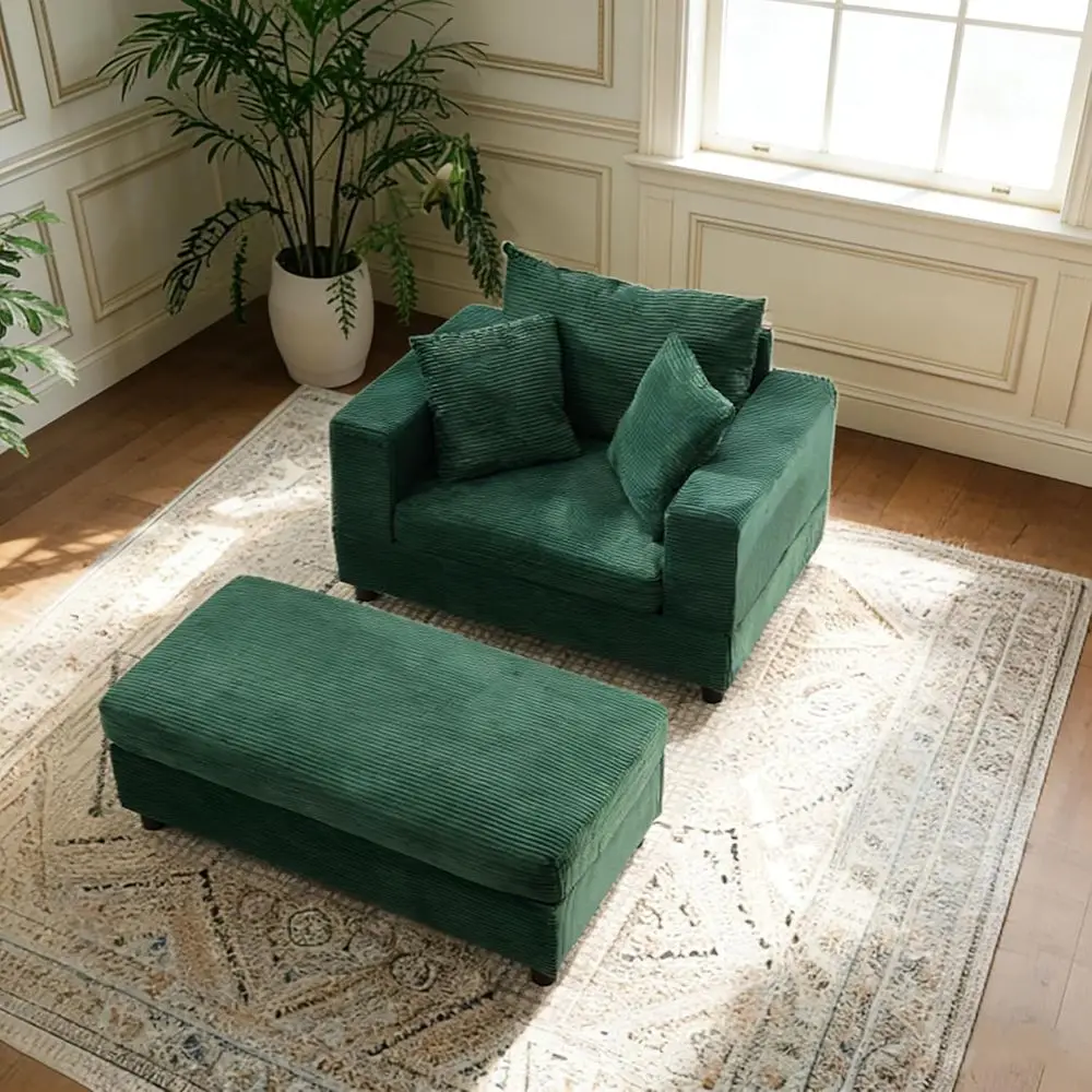 54 inches Chaise Lounge Chair Indoor, Chair with Ottoman or Living Room Bedroom, Cozy Sleeper Soa Bed with 3 Pillows (Green)