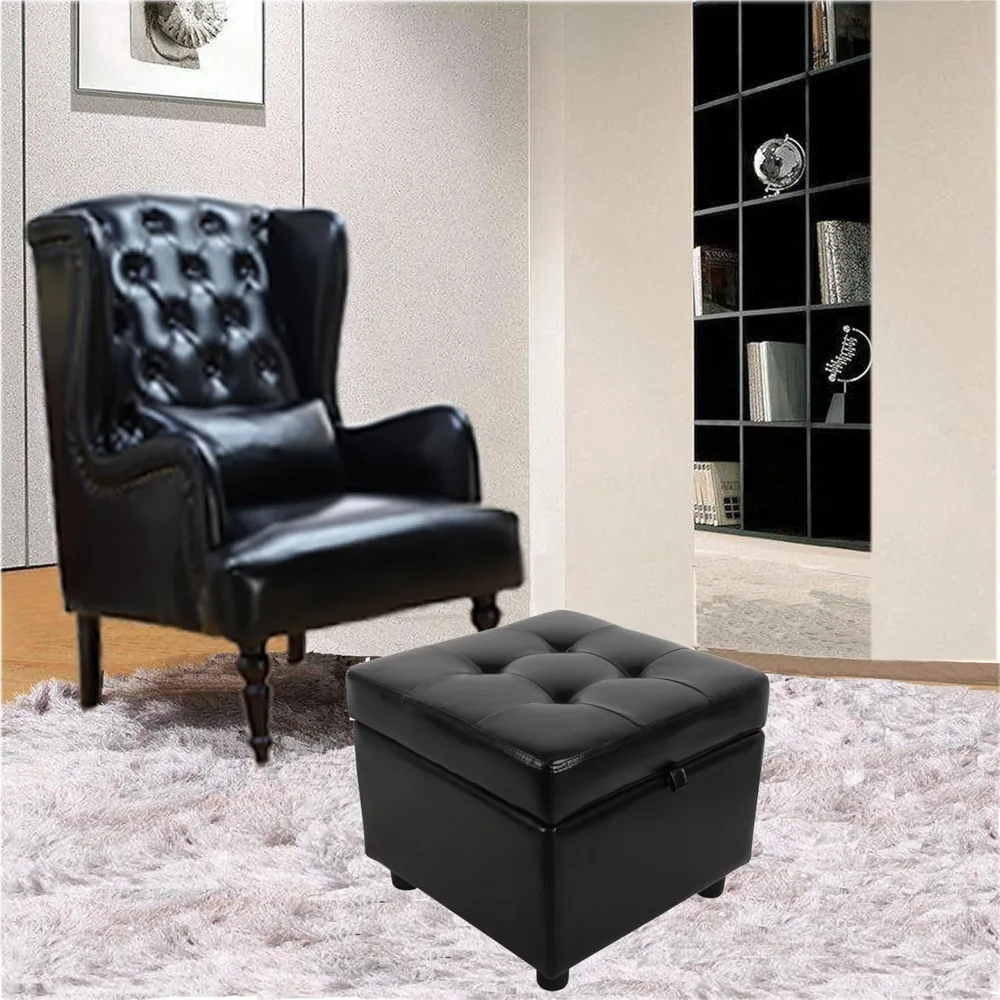 Leather ottoman with storage Square, Foot rest,Foot Stools Ottoman with Storage,Kids Room,Side Table Seat Vanity Tool(Black)