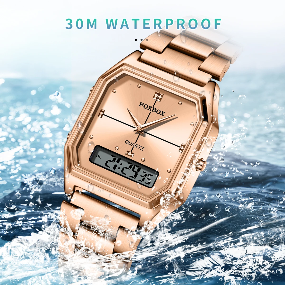 FOXBOX Women's Digital Sports Watch Stainless Steel Electronic Waterproof Square LED Women's Watch Quartz Watches Gift For Women