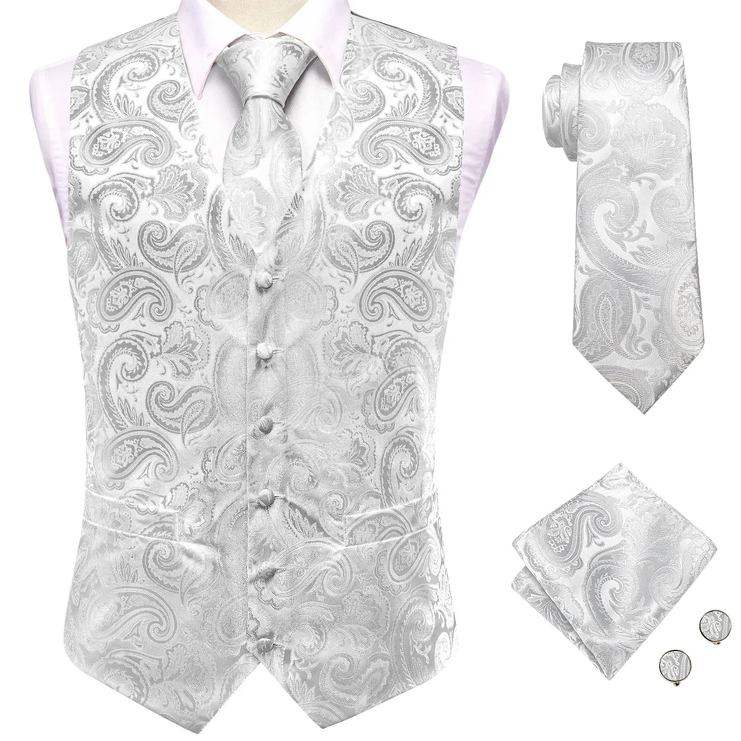 Hi-Tie White Silver Paisley Silk Mens Vest Tie Set Jacquard Waistcoat Sleeveless Jacket Necktie Hanky Cufflinks Wedding Business