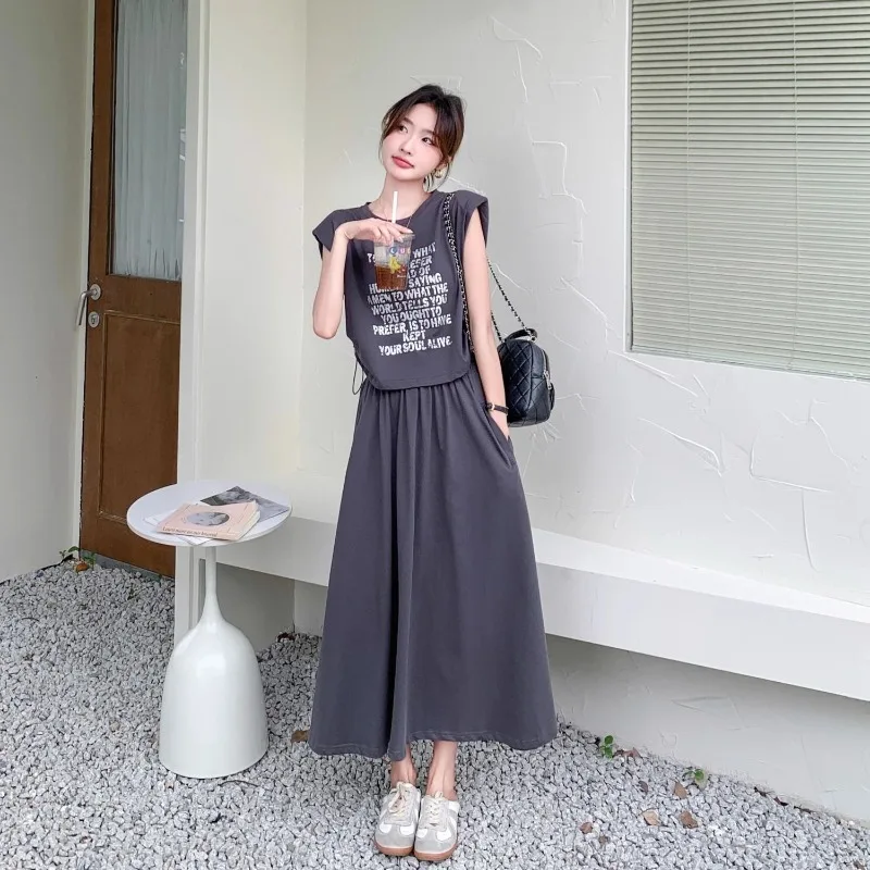 2025 letnie dorywczo szare litery bez rękawów t-shirty długie spódnice dwuczęściowe garnitury moda damska krótka kamizelka spódnica stroje