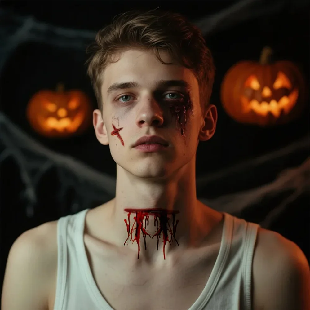 5Pcs Halloween Scar Temporary Tattoos Bloody Knife Wound Stitch Fake Blood Injury Tattoo Stickers for Cosplay Masquerade Makeup